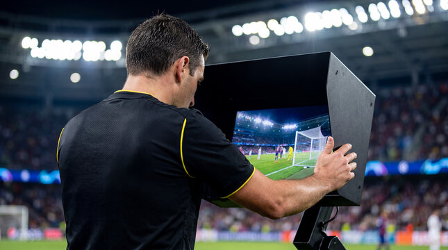 Professional soccer referee looking at a pitch-side video assistant referee monitor to review a critical decision in a packed stadium under bright lights.