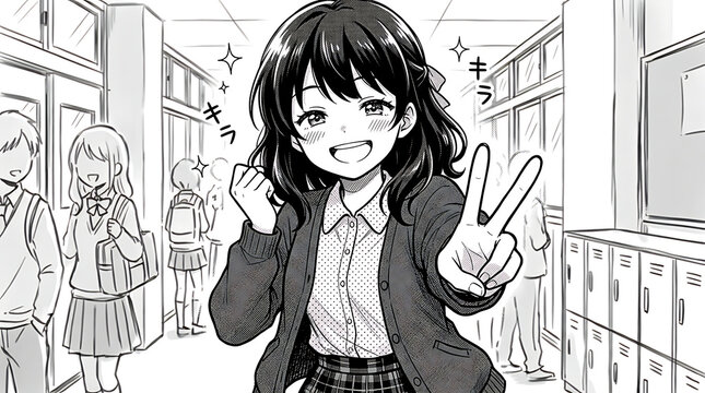 Anime girl with pouting expression poses peace sign in school hallway