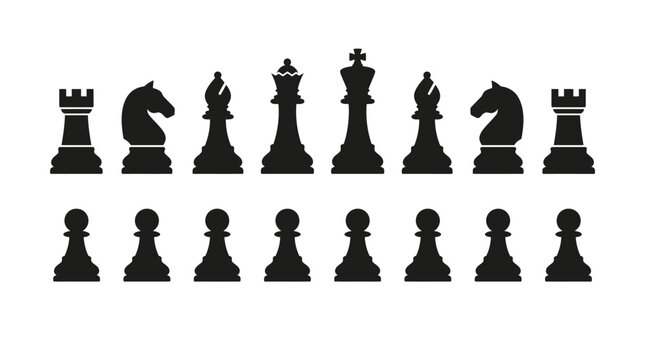 Complete set of black chess piece silhouettes arranged in a professional minimalist flat vector illustration