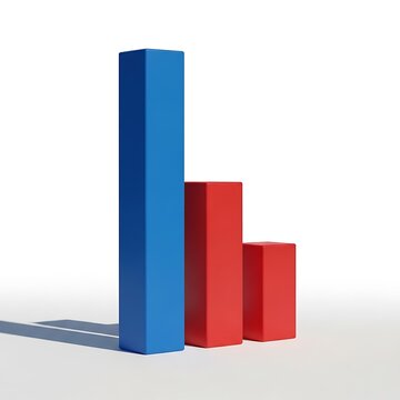 3d bar chart with one blue and two red columns isolated on white background