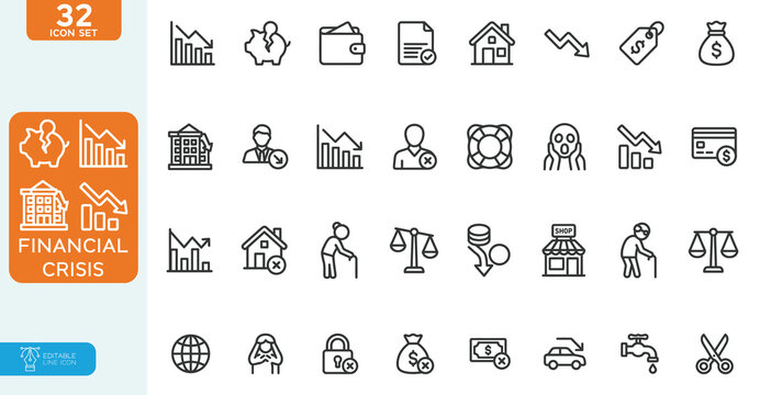 Financial crisis Vector illustration line editable Icons set. Decrease, recession, collapse, layoff, panic, job fired, pay cuts, low cost, collection. on white background.