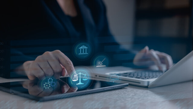 Business professional using digital interface with AI governance, legal compliance and policy management icons, representing responsible artificial intelligence,transparency and regulatory oversight.
