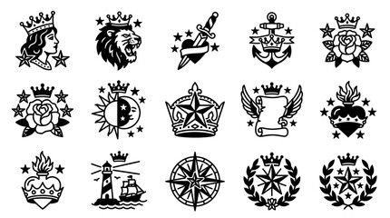 Obraz premium Heraldic and nautical black and white graphic symbol icons.