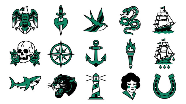 Eclectic green and black old school tattoo flash sheet.