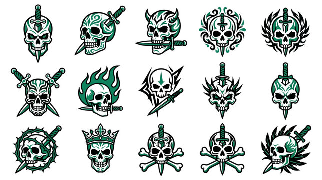 Gothic green skull and dagger vector icons collection.