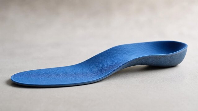 A custom blue orthotic insole resting on a neutral surface, highlighting its arch.