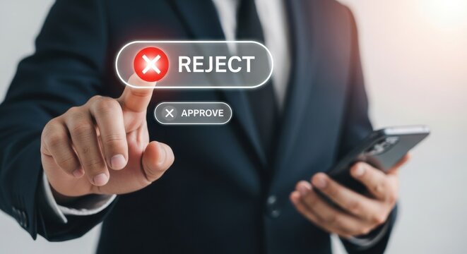 Businessman in suit rejecting or approving option on digital interface with smartphone in hand