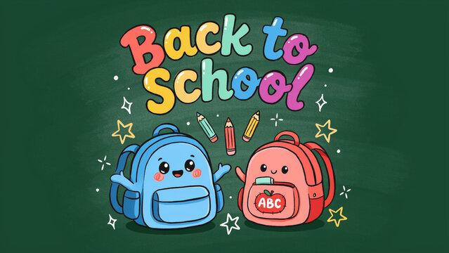 A colorful cartoon of two cute backpacks on a green chalkboard background, with the text back to school and social media download product banner template 2026 2027 2028