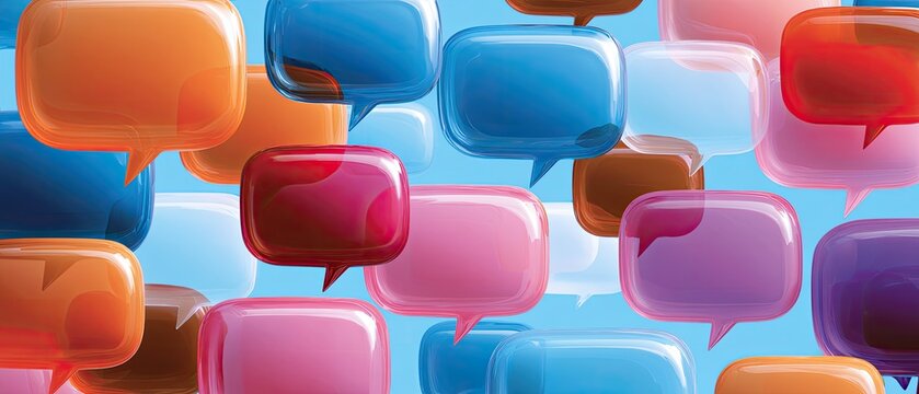 A vibrant collage of glossy, multicolored speech bubbles overlapping on a blue backdrop