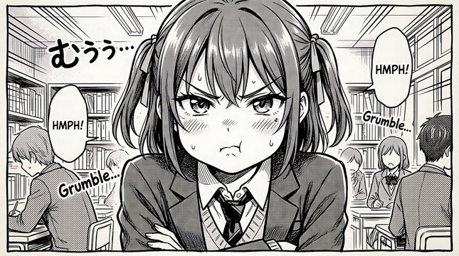Anime girl reading book with crossed arms in classroom setting