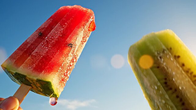Fresh watermelon slice isolated on a blue sky background with vibrant red flesh and green rind