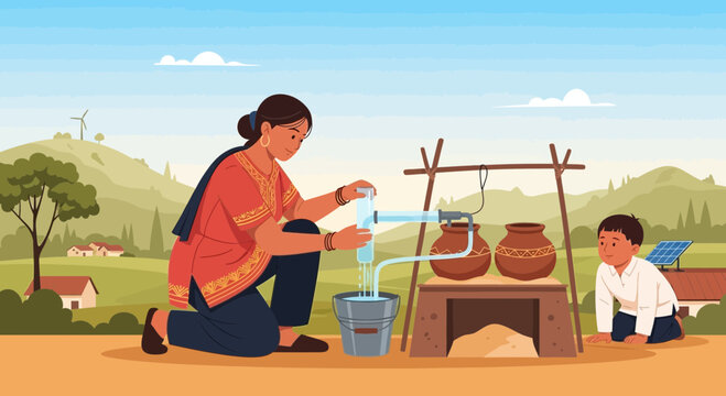 Woman collecting water from pump, child watches, rural landscape, sustainability concept