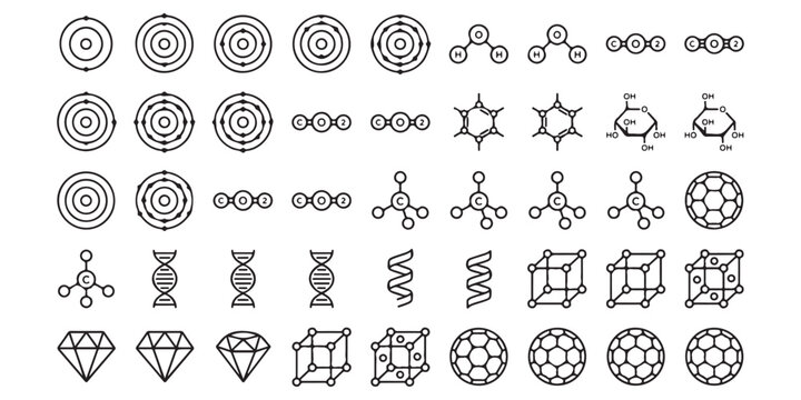 Set of black and white science icons featuring atoms molecules dna structures and geometric crystal shapes