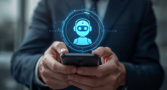 A person interacts with a smartphone, featuring a holographic AI chatbot, symbolizing � AI Technology and Digital Innovation Concept for Future Business
