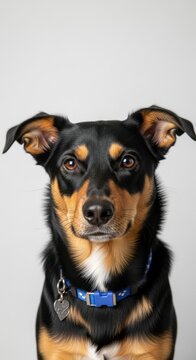 Portrait of a black and tan dog with alert ears and a blue collar.
