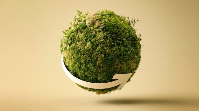 Lush green sphere of moss and plants with a white recycling arrow