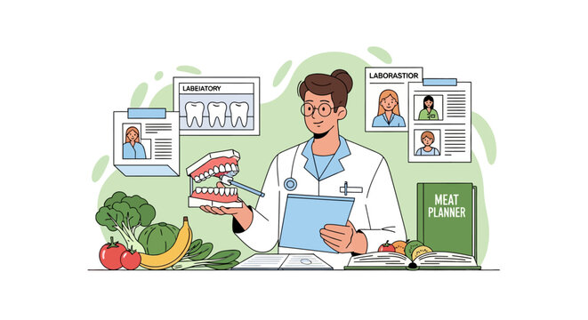 Dentist holding dental model and reviewing patient charts with healthy food nearby.