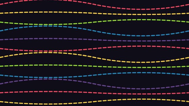 Abstract colorful dashed wavy lines motion background, seamless loop animation waves