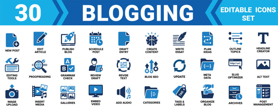 Set of 30 blogging and content creation icons for website management and digital marketing design projects Vector