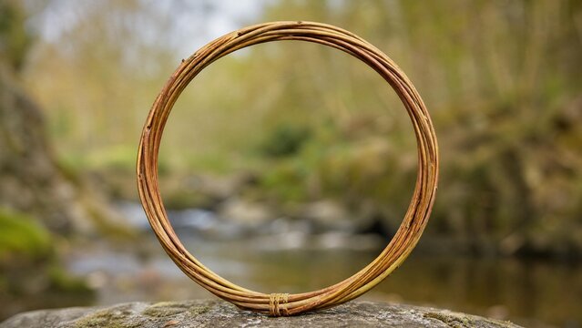 A single osier branch bent into a perfect circle against a blurred natural background.