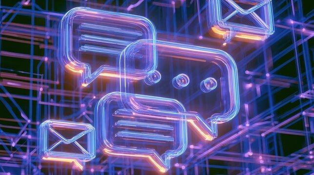 Neon chat bubbles and envelopes float within a glowing digital network