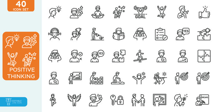 Positive thinking Vector illustration line editable Icons set. Lifestyle, charity, optimism, happiness, psychology, love, collection. on white background.