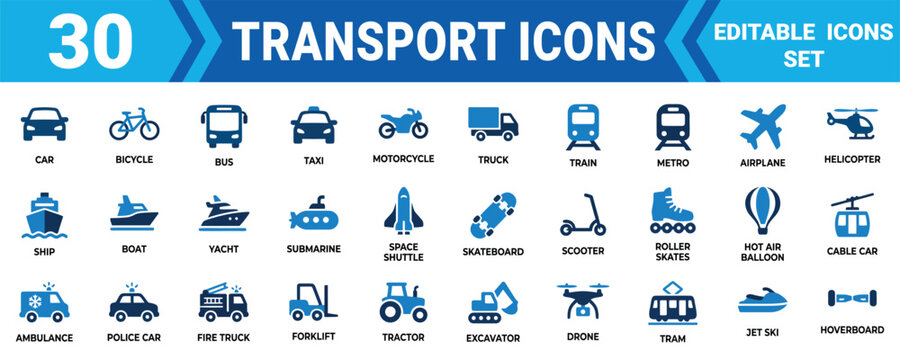 Set of 30 transportation icons featuring various vehicles including car bicycle bus taxi motorcycle truck train and plane Vector