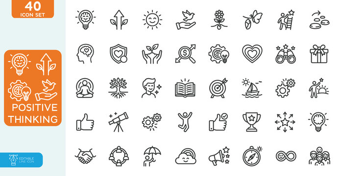 Positive thinking Vector illustration line editable Icons set. Lifestyle, charity, optimism, happiness, psychology, love, collection. on white background.