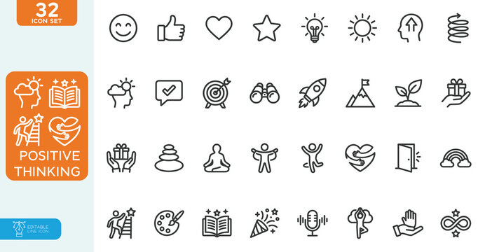Positive thinking Vector illustration line editable Icons set. Lifestyle, charity, optimism, happiness, psychology, love, collection. on white background.