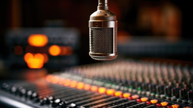 Vintage microphone suspended above a dimly lit recording studio console