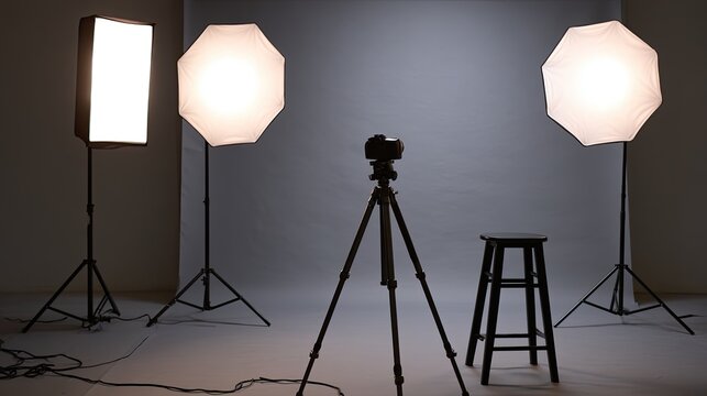 Studio setup with camera, tripod, stool, and softbox lights