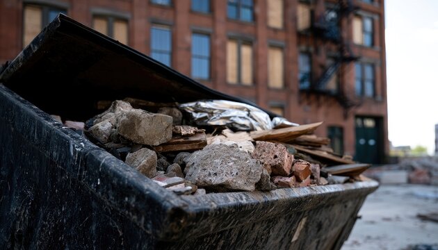 Overfilled dumpster of construction debris against a boarded-up brick building