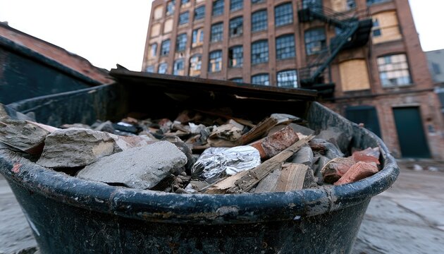 Overflowing dumpster filled with construction debris outside an old brick building