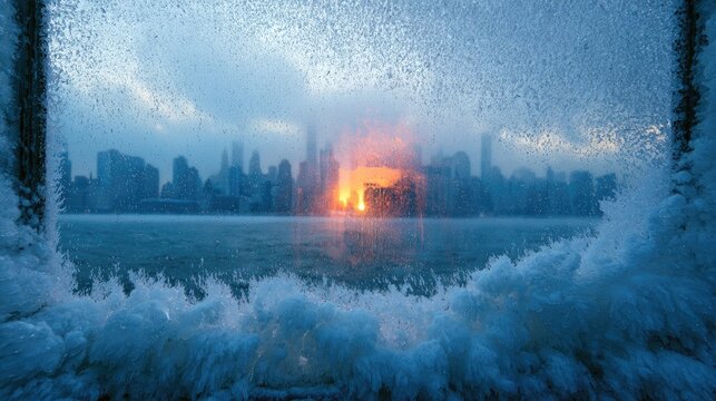 Frozen window frames a vibrant sunrise over a city skyline and icy water
