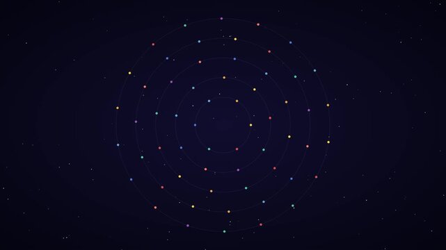 Abstract digital orbit background, with rotating colorful, particles and concentric, circles technology