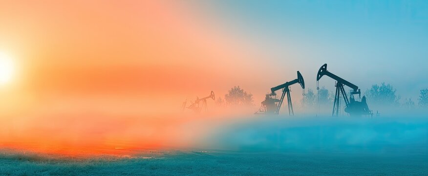 Silhouettes of oil pumpjacks in ethereal fog, bathed in sunrise and twilight hues