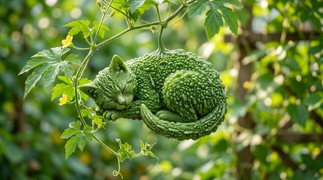 Sleeping cat shape carved from bumpy bitter melon vegetable hanging on green garden vine.