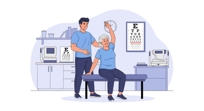 Physical therapist assisting elderly woman with arm exercise during rehabilitation session.