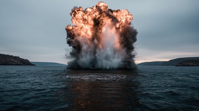 Massive underwater explosion erupts with fire and smoke over dark ocean water