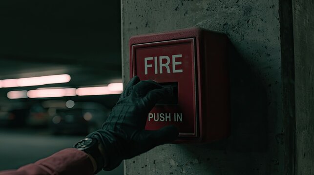 Gloved hand activates a red manual fire alarm in a dimly lit concrete structure
