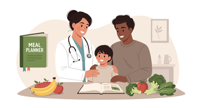 Doctor advises family on healthy eating and meal planning.