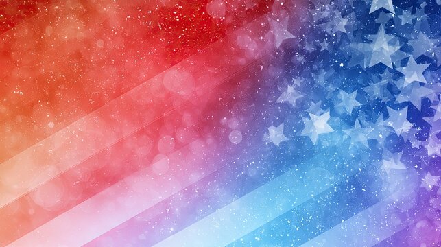 Red, white, and blue abstract background with stars, bokeh, and diagonal stripes