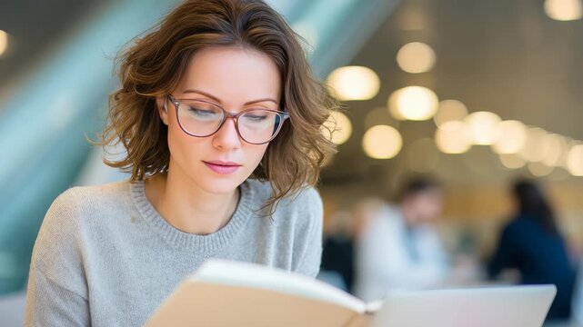 A thoughtful woman sits in a contemporary library, deeply immersed in a book. The ambient lighting and blurred background create a calm, inspiring atmosphere for study and relaxation