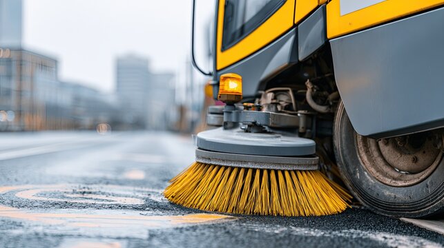 Industrial street sweeper with bright yellow brushes cleans wet asphalt on a city street