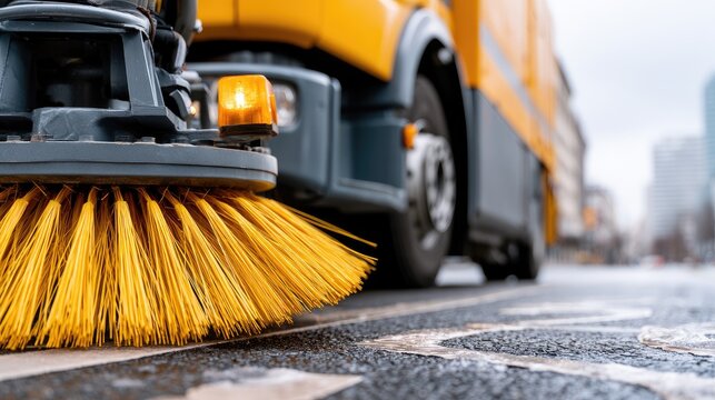 Close-up of a large yellow street sweeper with bright orange light