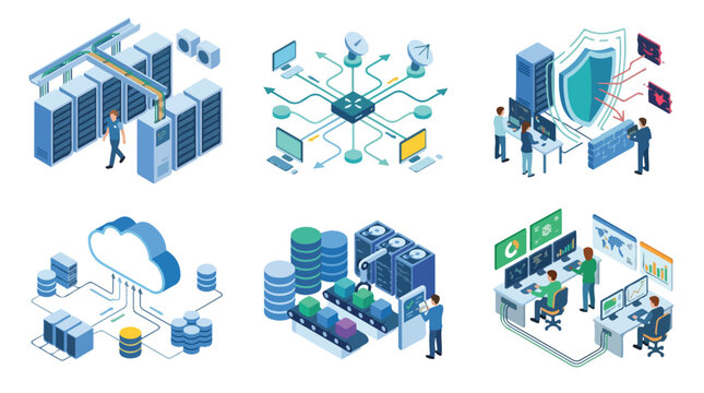 Isometric data center infrastructure and cloud computing network security server room operations concept illustration