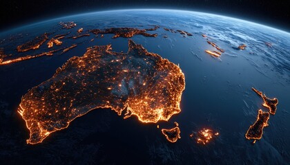 Aerial view of Australia and New Zealand illuminated by city lights at night © Raslin