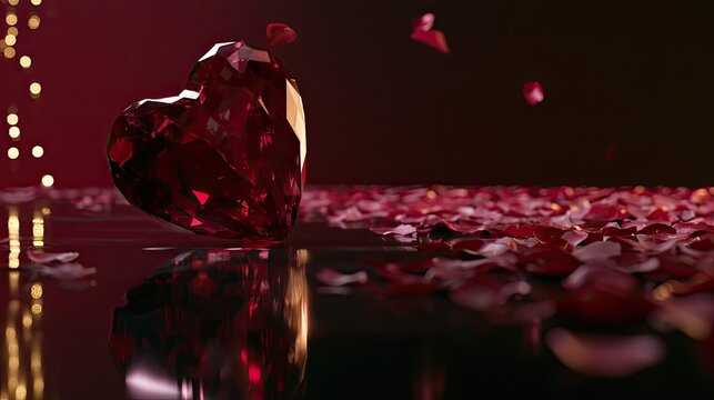 A sparkling ruby heart gem rests on a reflective surface surrounded by rose petals