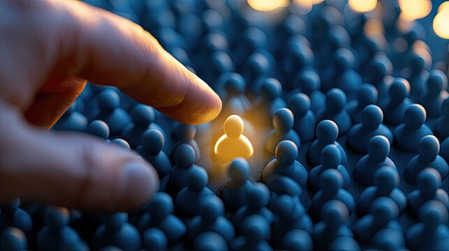 Finger points to a glowing figure amidst a crowd of blue figures