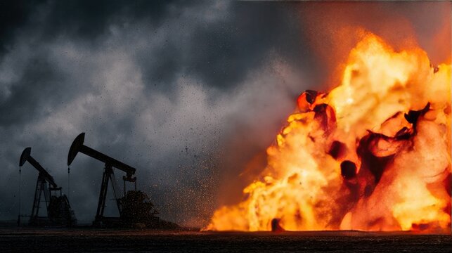 Two oil pumps stand near a massive fiery explosion under stormy skies